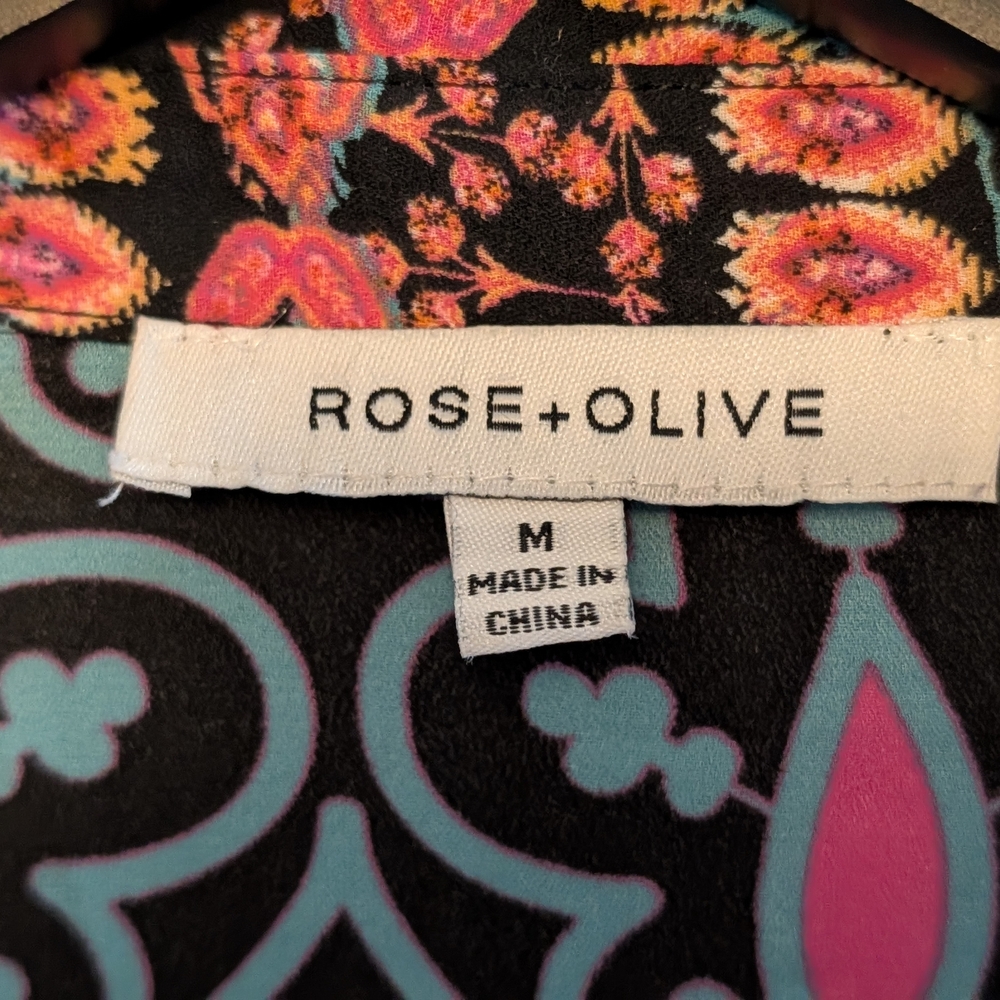 Rose + Olive M Boho Patchwork Button Front Blouse Teal Coral Print Artsy Resort - Picture 2 of 6